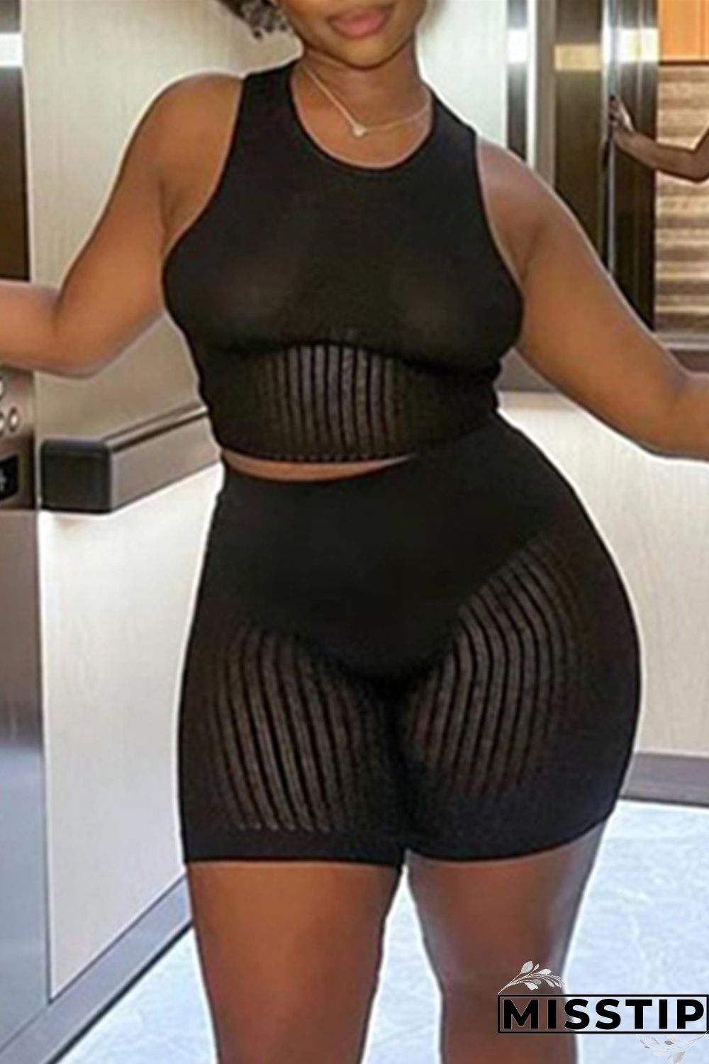 Black Fashion Casual Solid Patchwork O Neck Sleeveless Two Pieces