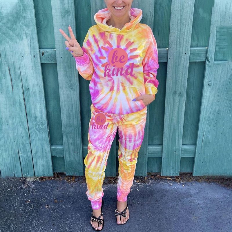 Be kind tie-dye orange hoodie two-piece set