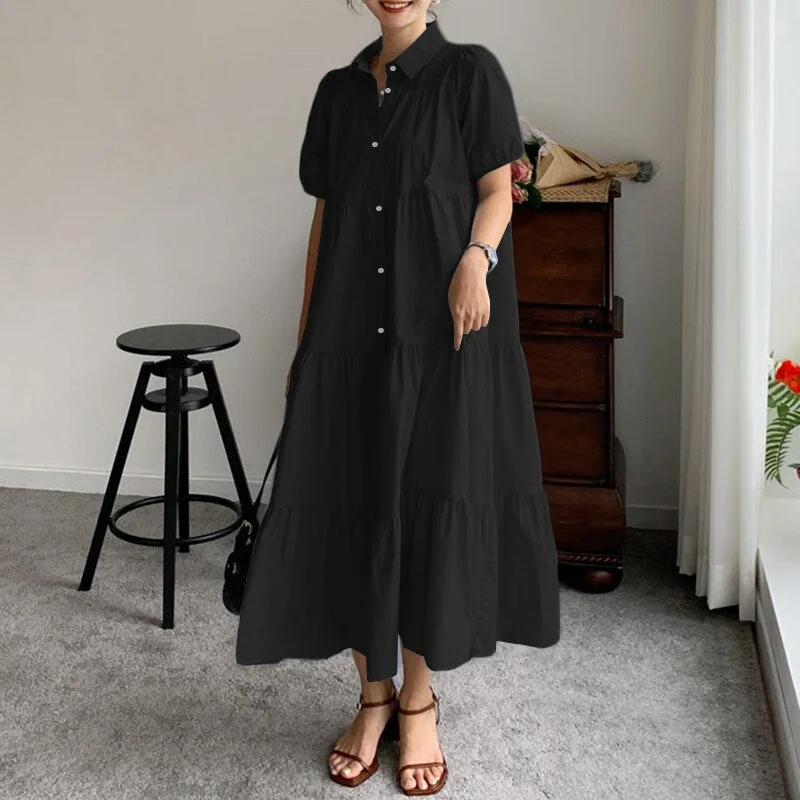 Fashion Summer Dress Women Ruffle Sundress ZANZEA 2022 Puff Sleeve Maxi Vestidos Female Solid Holiday Casual Robe Femme Oversize