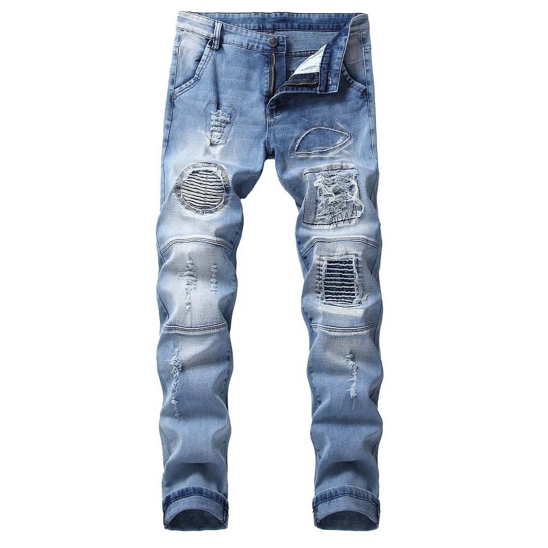Men's Straight Slim Stretch Jeans Ripped Denim Jeans