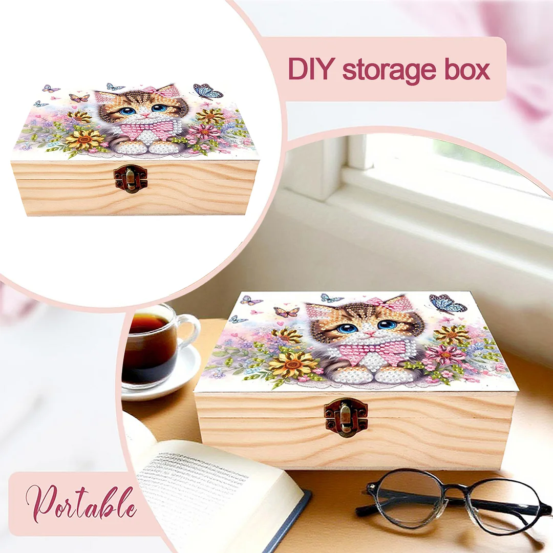 5D DIY Diamond Painting Handmade Wood Storage Box for Home Decor Craft (Cat)