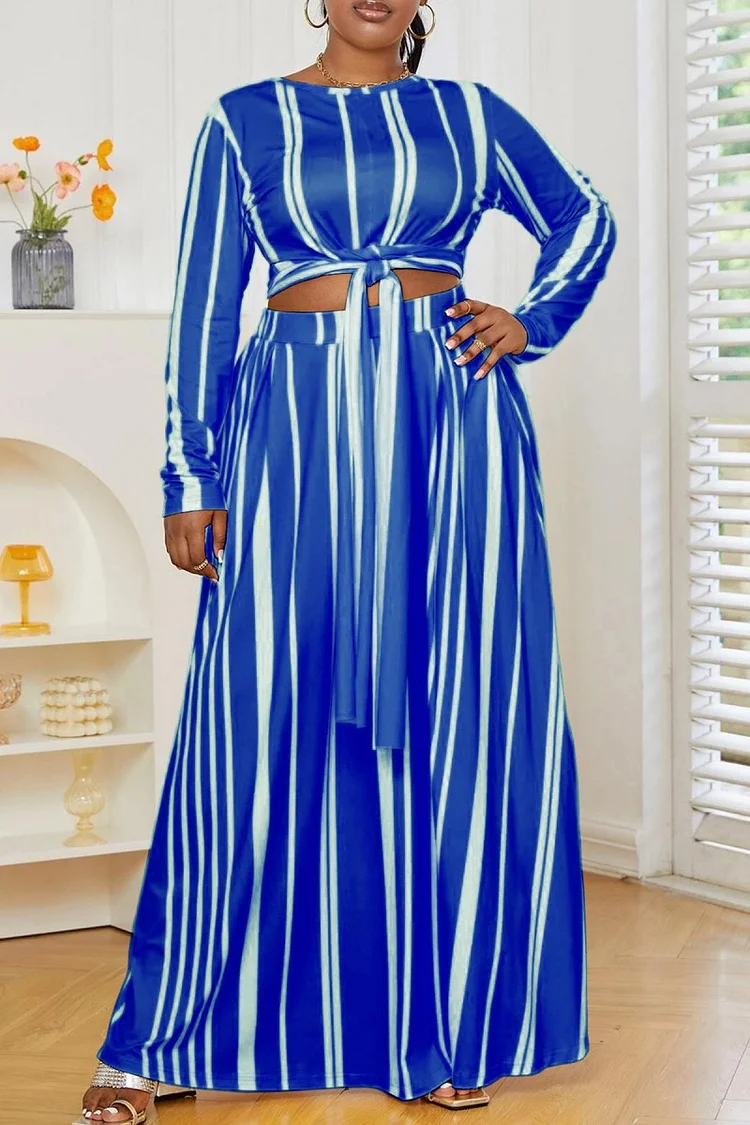 Blue Casual Striped Print Frenulum O Neck Plus Size Two Pieces