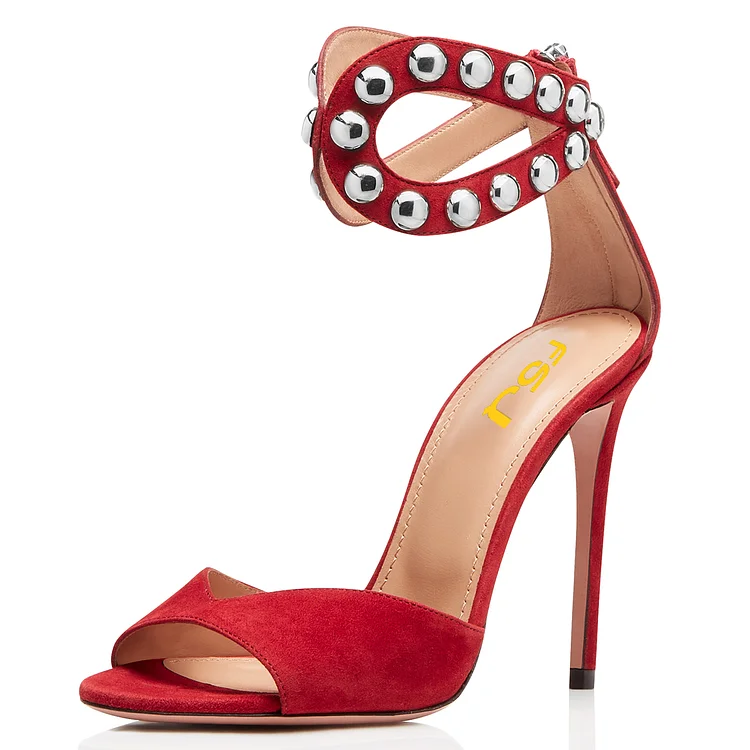 Red Studs Stiletto Heel Open Toe Ankle Strap Sandals |FSJ Shoes