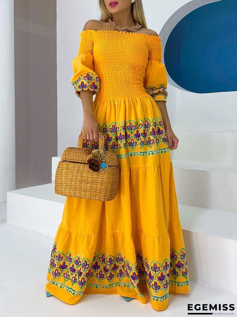 High Waist Style Commuter Loose Print Off Shoulder Dress | EGEMISS