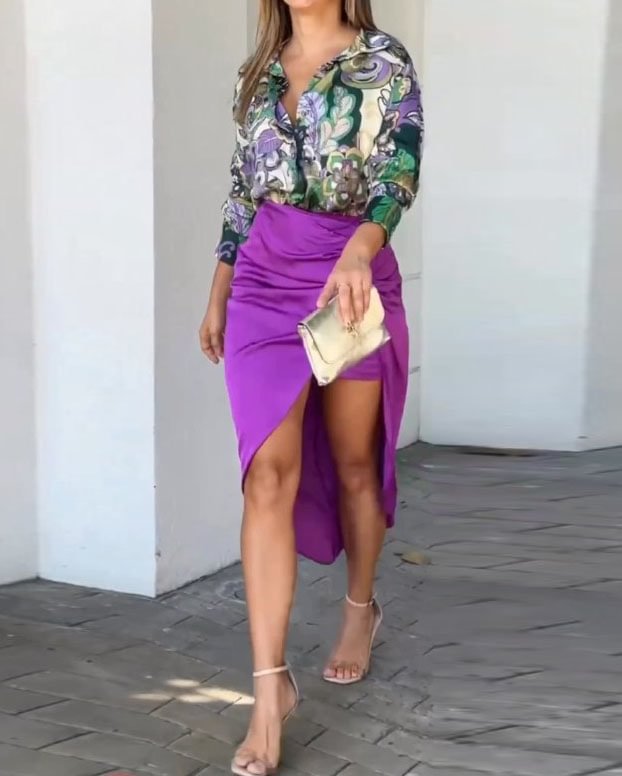 lapel print two piece set
