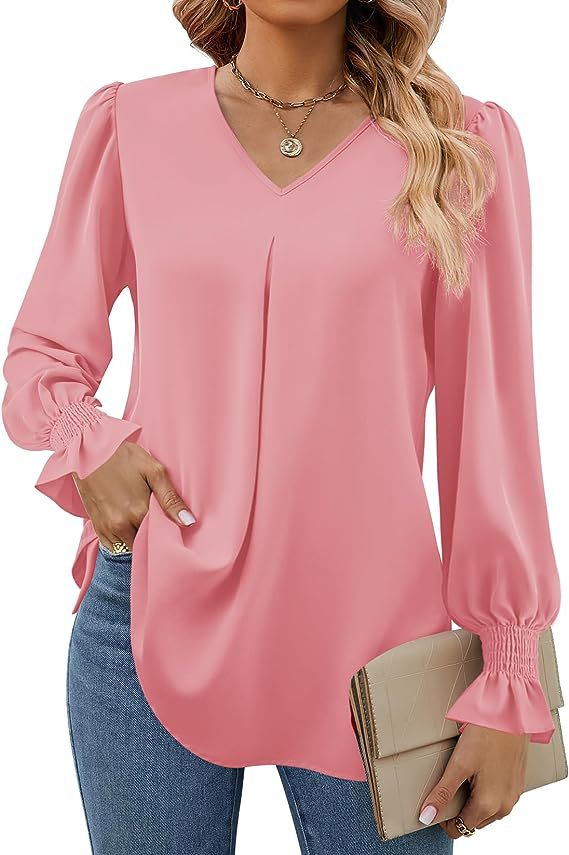 Vurtigorasn Women's New Solid Color Chiffon Shirt V-neck Pullover Flared Long Sleeved Top Shirt Office Lady Elegant Khaki Loose Blouses