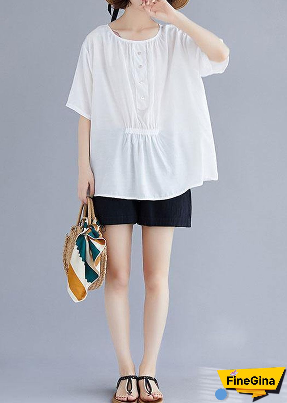 Natural white cotton Blouse o neck half sleeve loose summer top