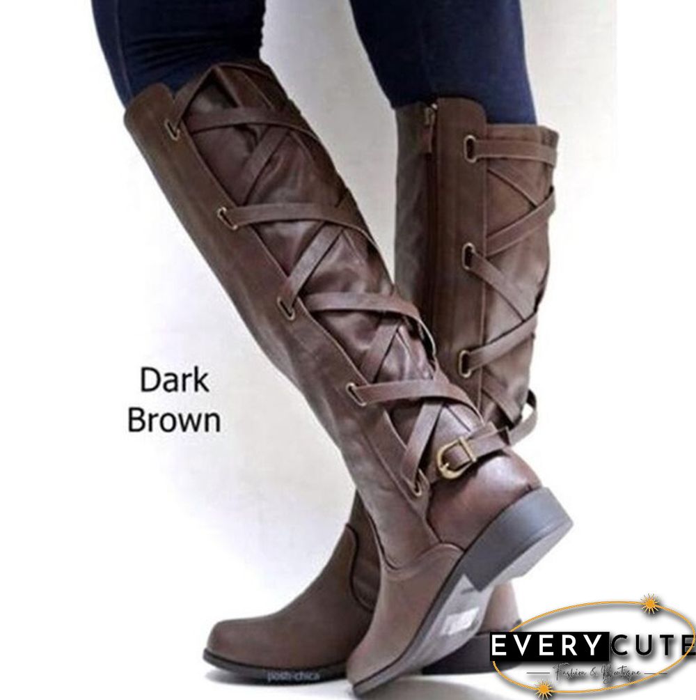 Women Winter Low Heel Belt Buckle Riding Leather Boots Knee High Cowboy Boots (Please Choose A Larger Size)