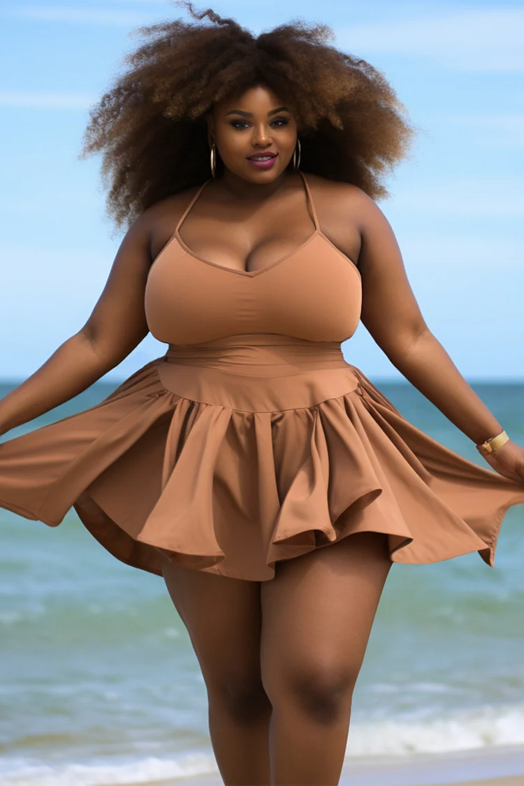 Xpluswear Design Plus Size Beach Brown V Neck Swimsuit Fabric Swimwear Dress [Pre-Order] 2024 - Xpluswear