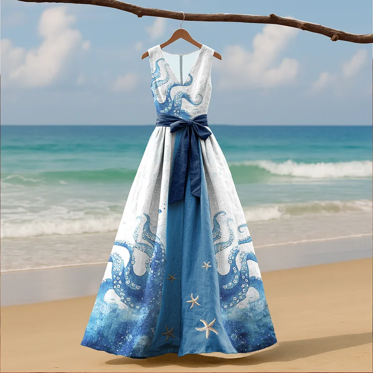 Simpfit Damen Vintage Oktopus & Seestern Art Nachahmung aus Baumwolle und Leinen Tank Kleid