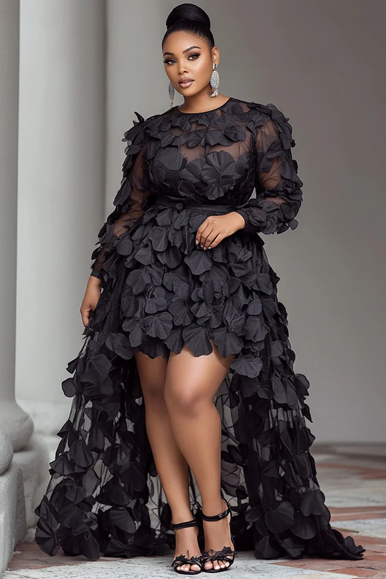 Xpluswear Design Plus Size Party Red Round Neck Long Sleeve High Low Hem Elegant See Through Tulle Mini Dresses [Pre-Order]