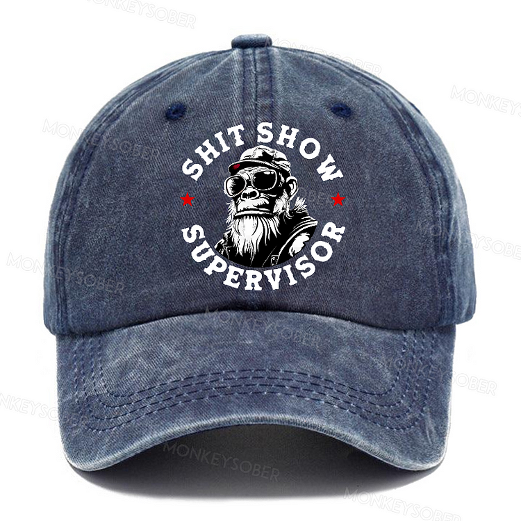 Personalized Shit Show Supervisor Funny Sarcastic Monkey Washed Baseball Caps