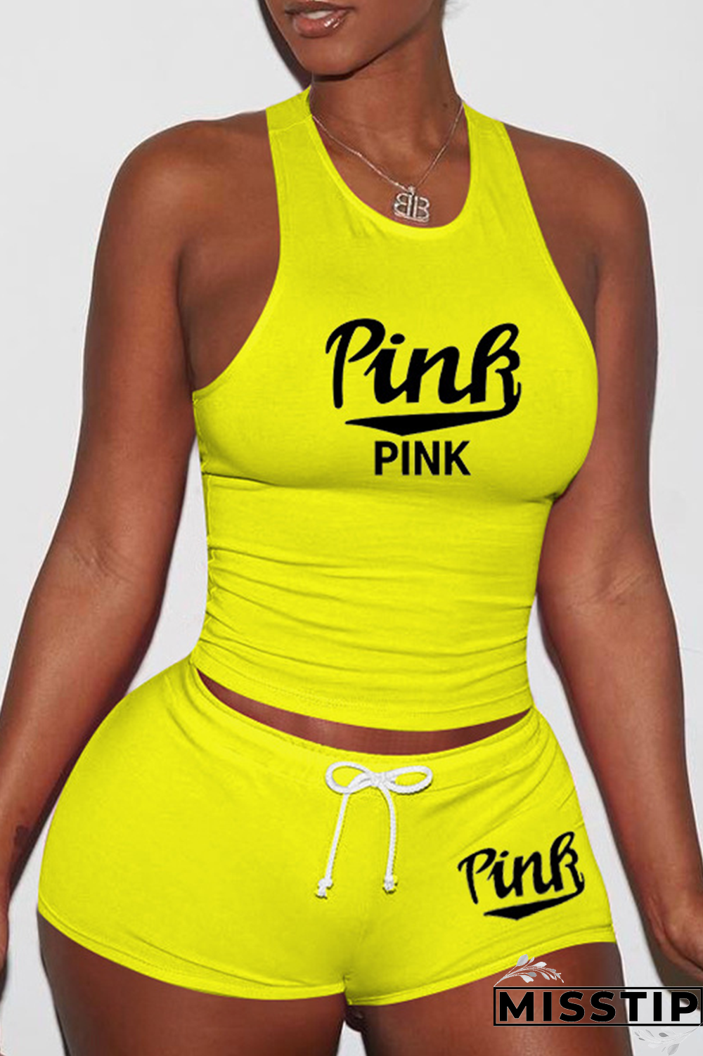 Pink Sexy Print Patchwork U Neck Sleeveless Two Pieces