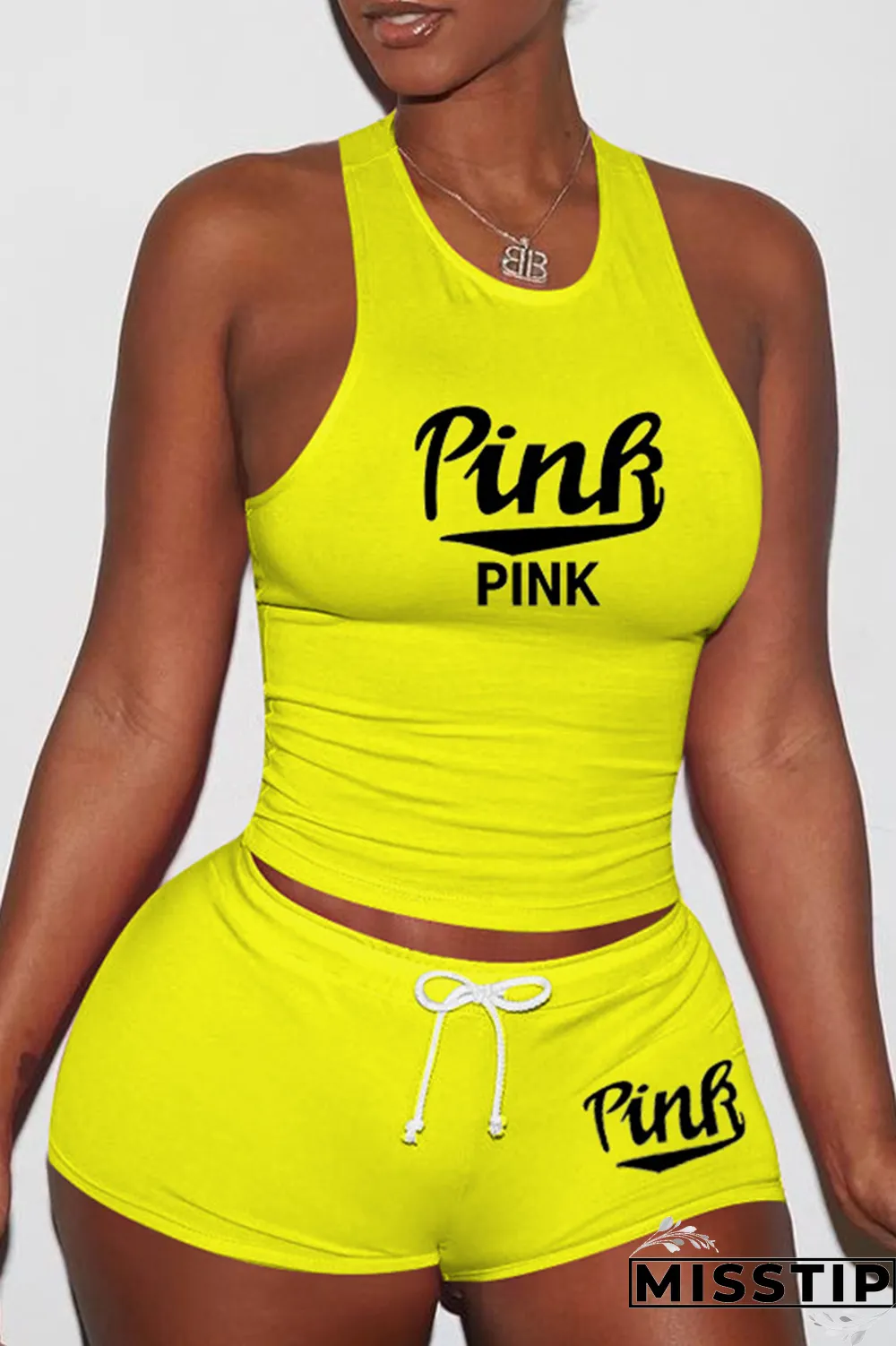 Pink Sexy Print Patchwork U Neck Sleeveless Two Pieces
