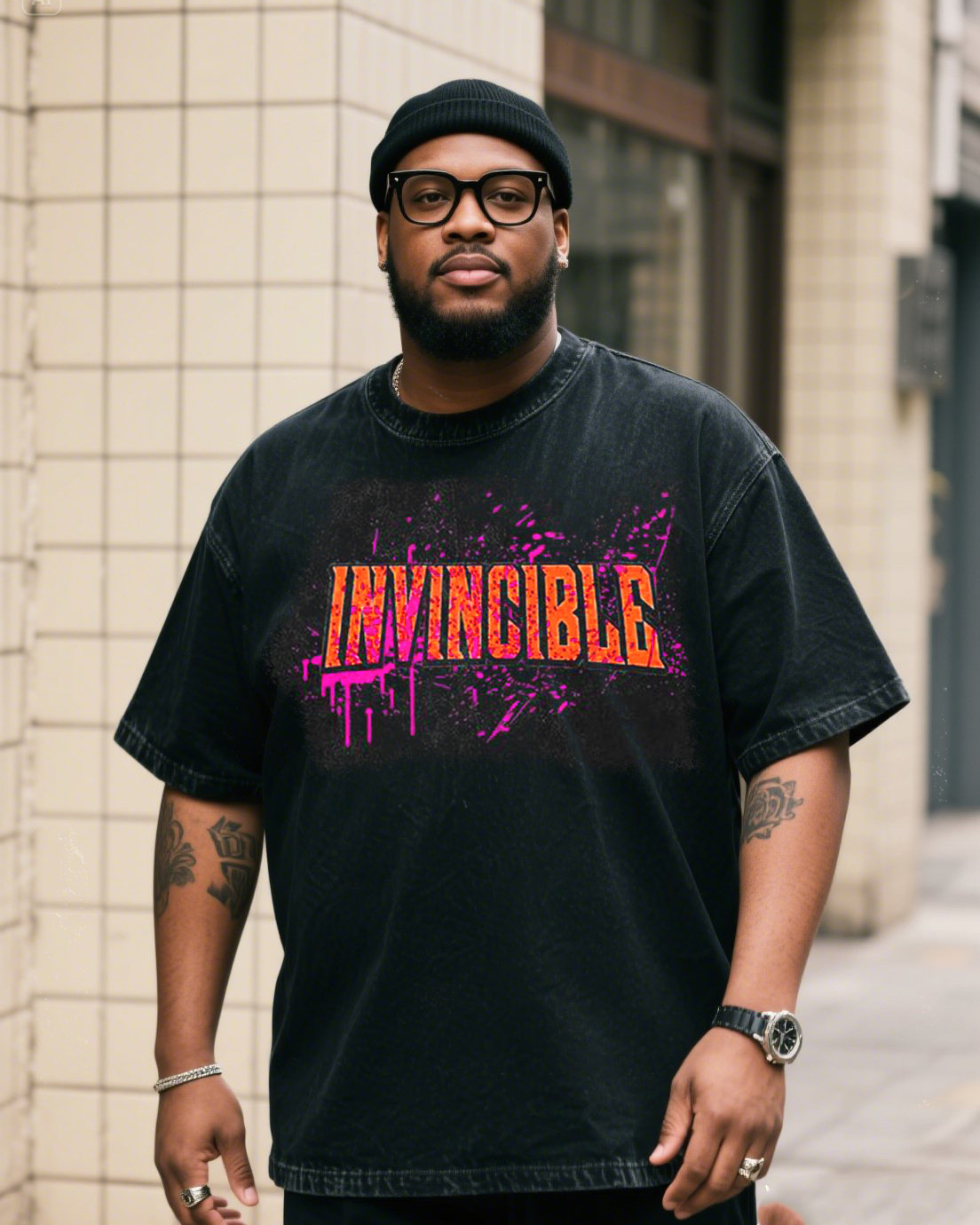 Plus Size Men's INVINCIBLE Graffiti Print Denim Short Sleeve T-shirt