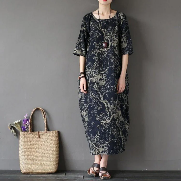 100% O-Neck Linen Summer Robes Neckline Navy Prints Dress