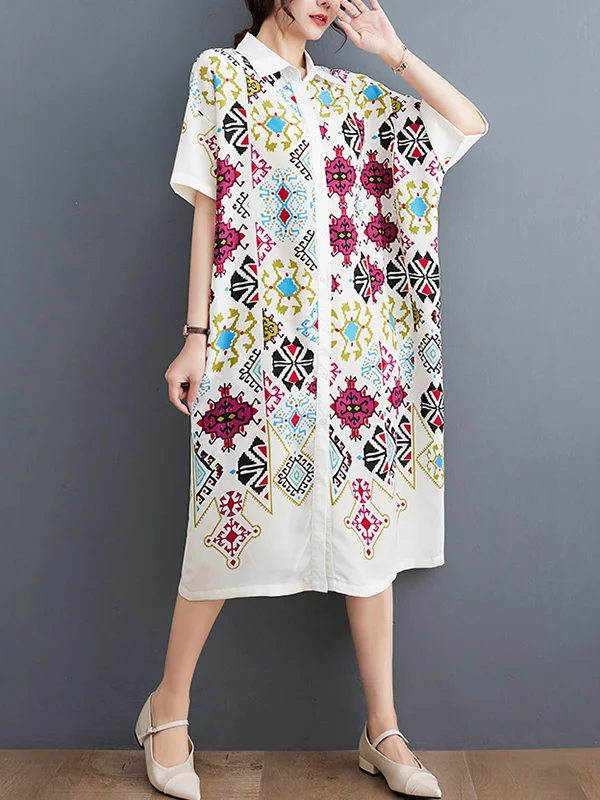 Ethnic Printed Short Sleeves Loose Lapel Midi Dresses