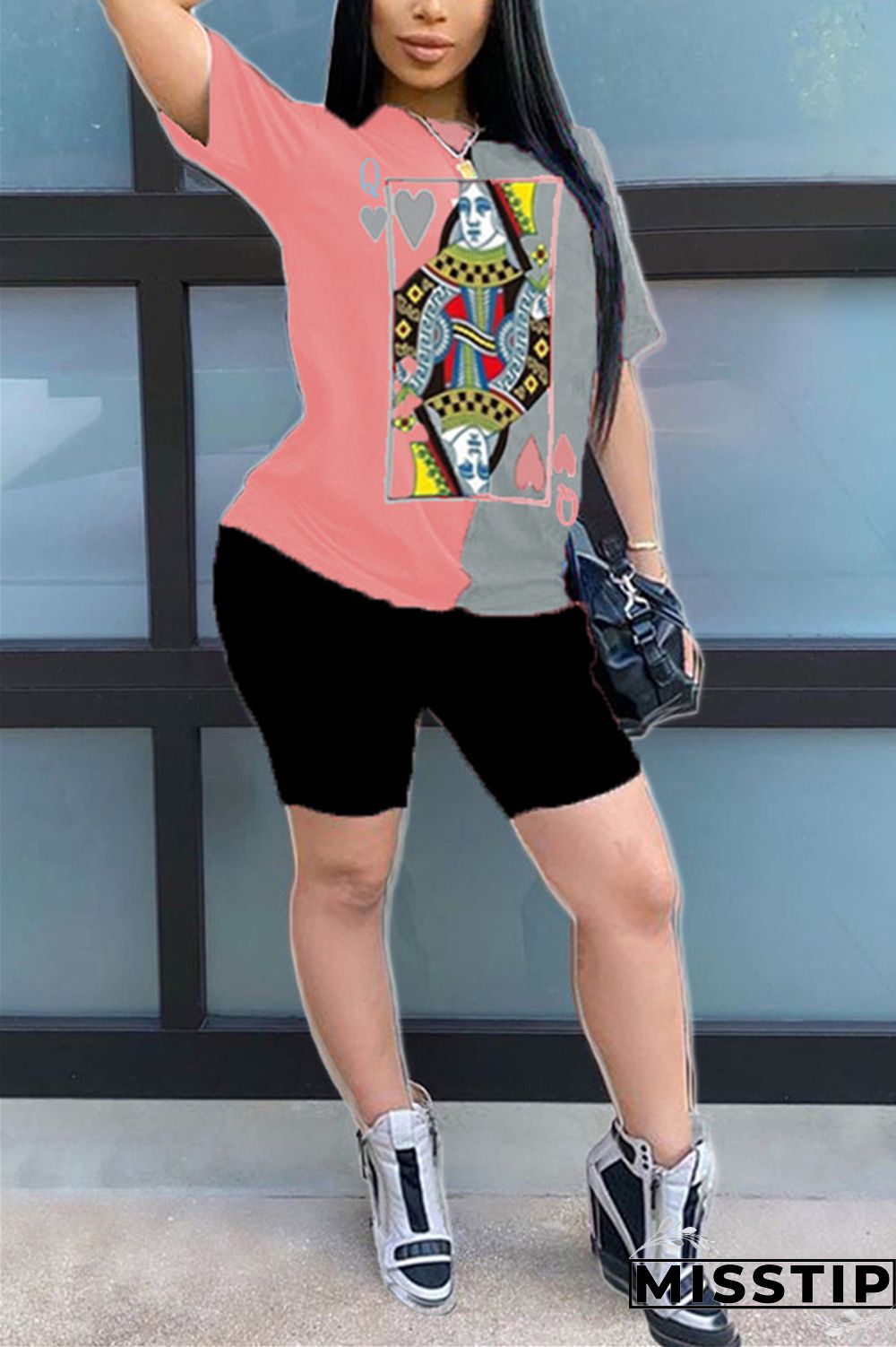 Pink gray O Neck Short Sleeve Print Tops（Without Bottoms）