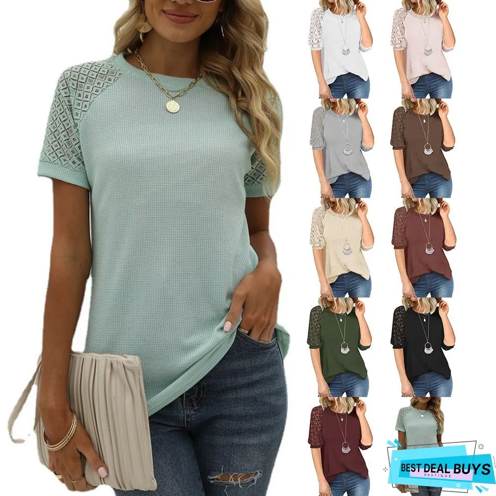 Women T-shirt Lace Stitching Pullover Round Neck Short-sleeved Top