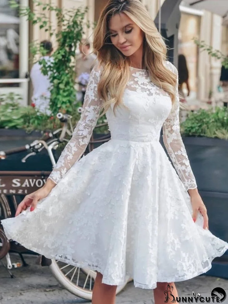 Spring Women Elegant White Overall Lace O-neck Long Sleeve Puffy Short Bridal Wedding Dress