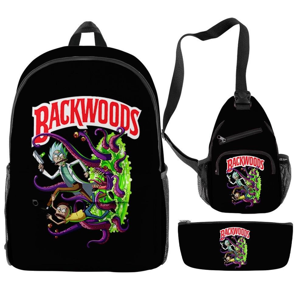 3Pcs/Set Rick Morty Cartoon Print Backpack Casual BACKWOODS Graphic Bag