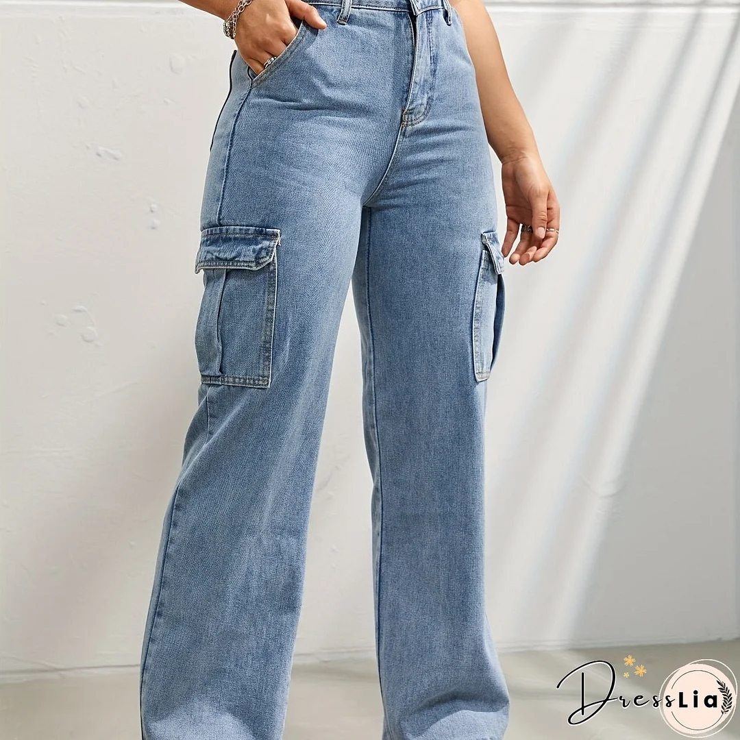Side Flap Pocket High Waist Denim Cargo Pants, Light Washed Casual Slash Pocket Cargo Jeans, Kpop Y2K, Women's Denim Jeans & Clothing