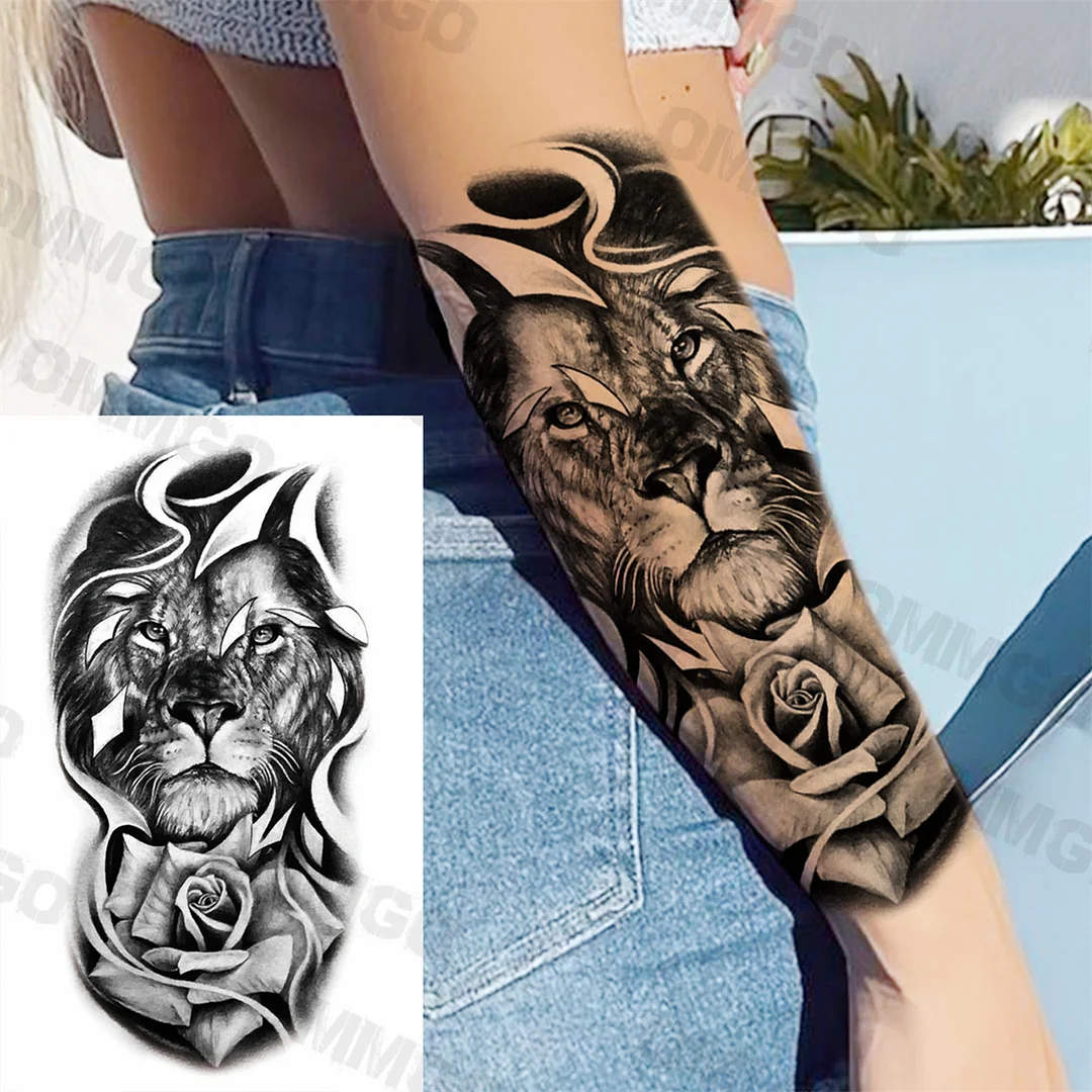 Sdrawing Rose Flower Skeleton Temporary Tattoos For Women Adult Girl Lion Tiger Crown Fake Tattoo Body Art Painting Tatoo Decal