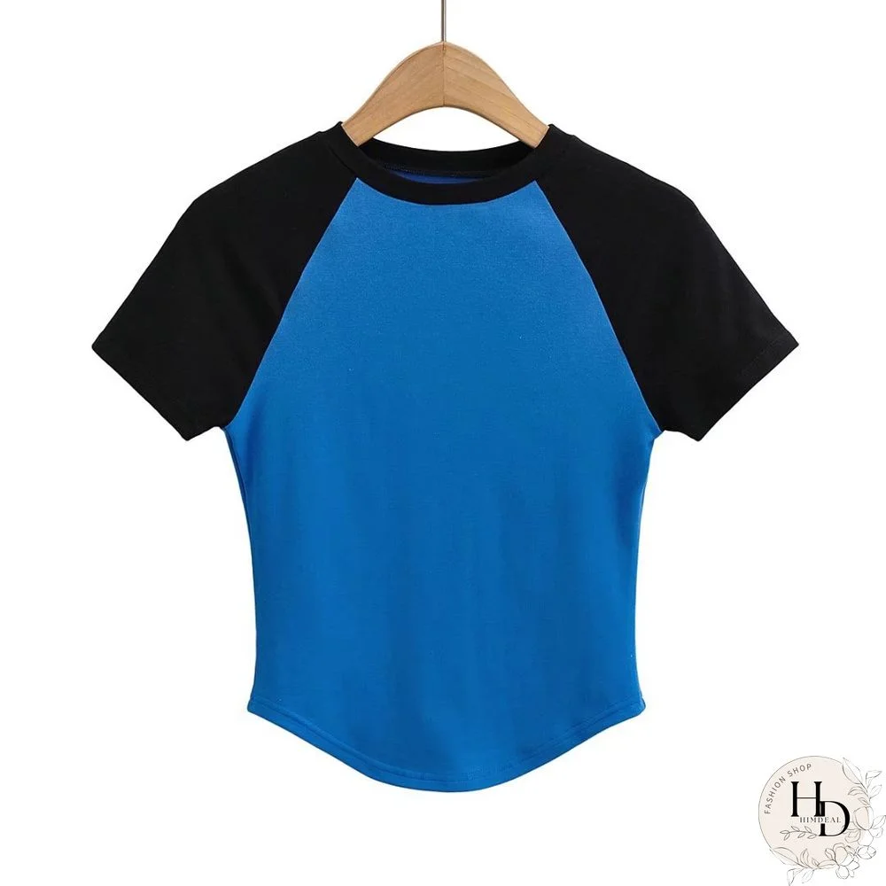 Curved Hem Contrast Color Sleeve Stitching Bottoming T Shirt Trendy Women's Short-sleeved T-shirt Tops For Women