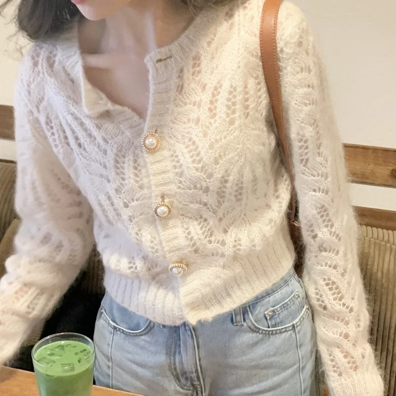 UForever21 Thin Hollow Out Knit Sweater Cardigan 2022 New Autumn Loose Small Fragrance Long Sleeve Single Breasted Short Style Jacket Tops