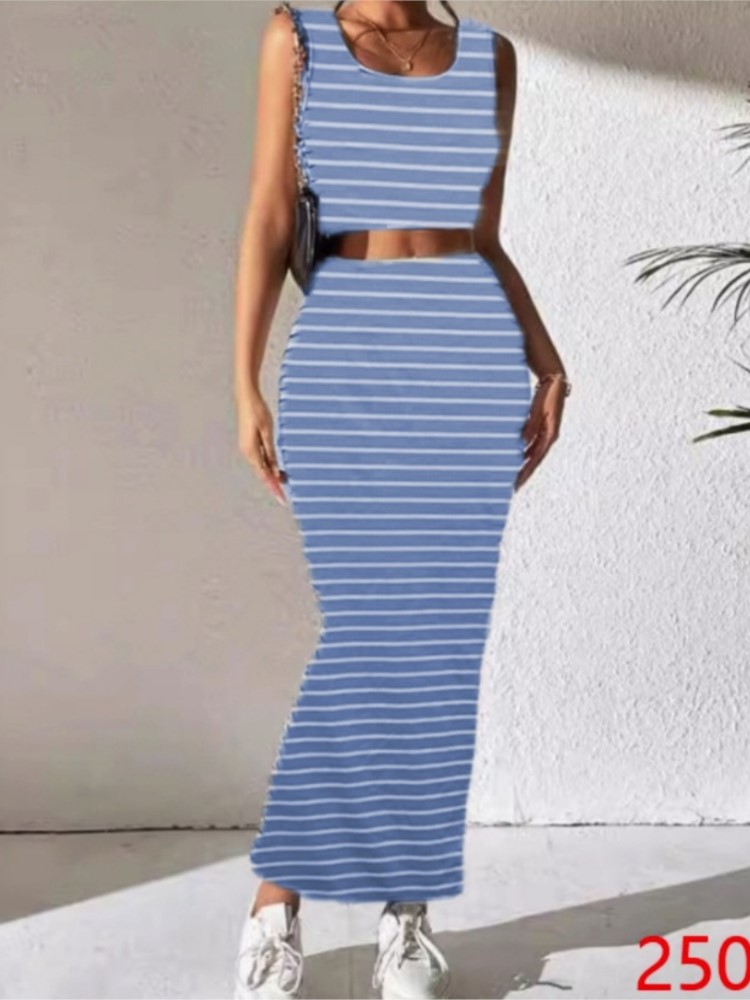 Tarewheels New Fashion Striped Print Bodycon Two Piece Sets Sping Summer Casual Tank Short Top & Slim Side Slit Midi Skirt Set Streetwear