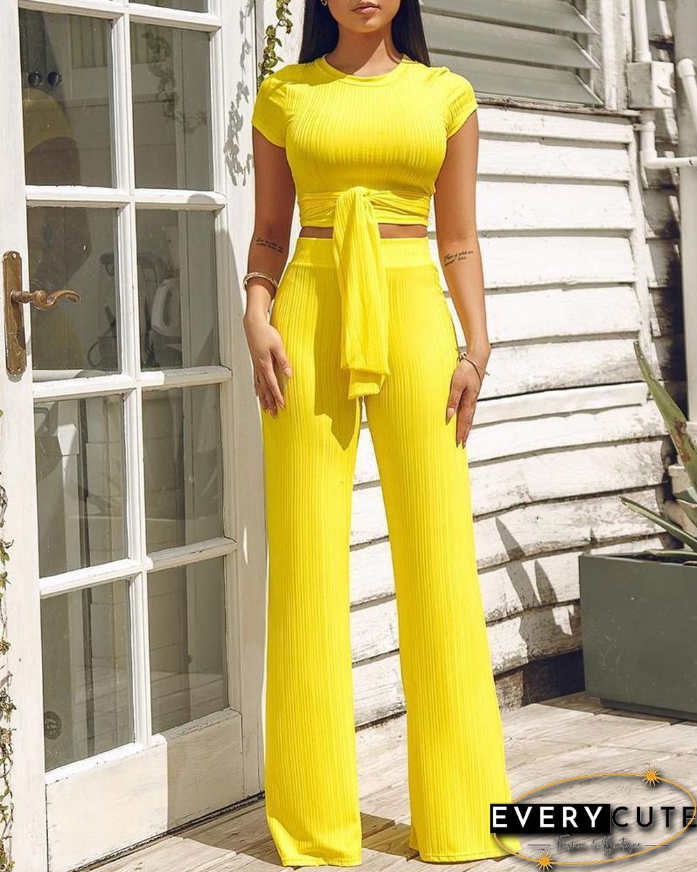 Knot Front Crop Top & Wide Leg Pants Set P12941