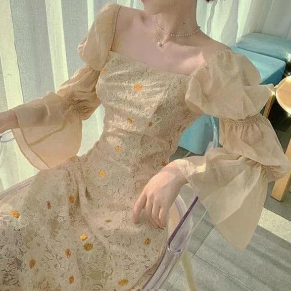 Pastel Square Collar Floral Yellow Lace Daisy Puff Sleeve Dress