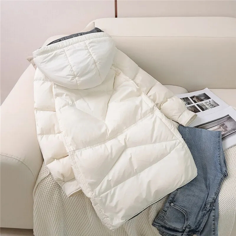 FTLZZ Winter Soft Fluffy Hooded Splicing Colour New Down Jacket Women White Duck Down Warm Coat Loose Warm Bread Clothes Outwear