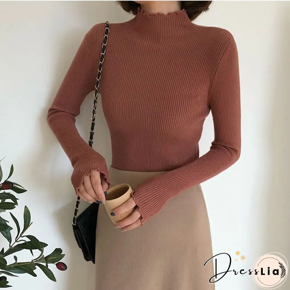 Christmas Gift Womens Sweater Women Knitted Ribbed Pullover Long Sleeve Ruffles Turtleneck