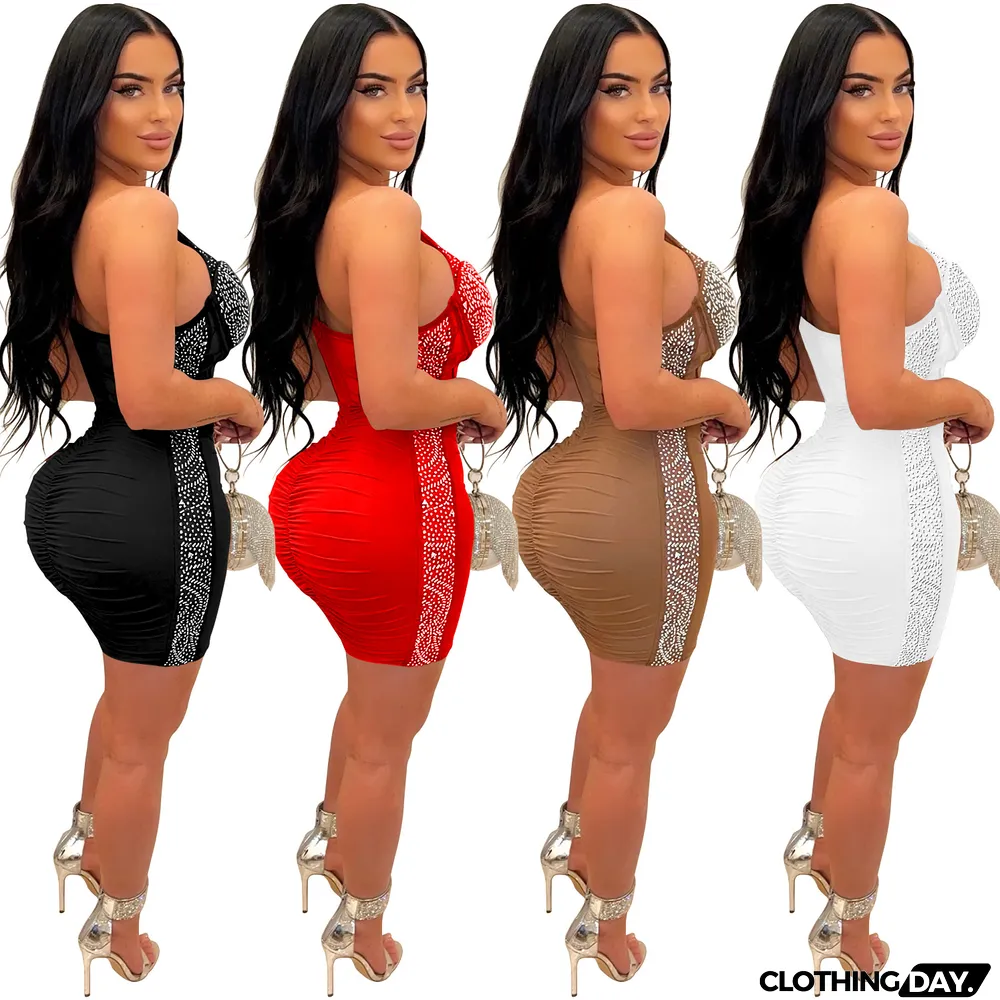 Women's Fashion Solid Color Beaded Mesh Sleeveless Slash Shoulder Dress