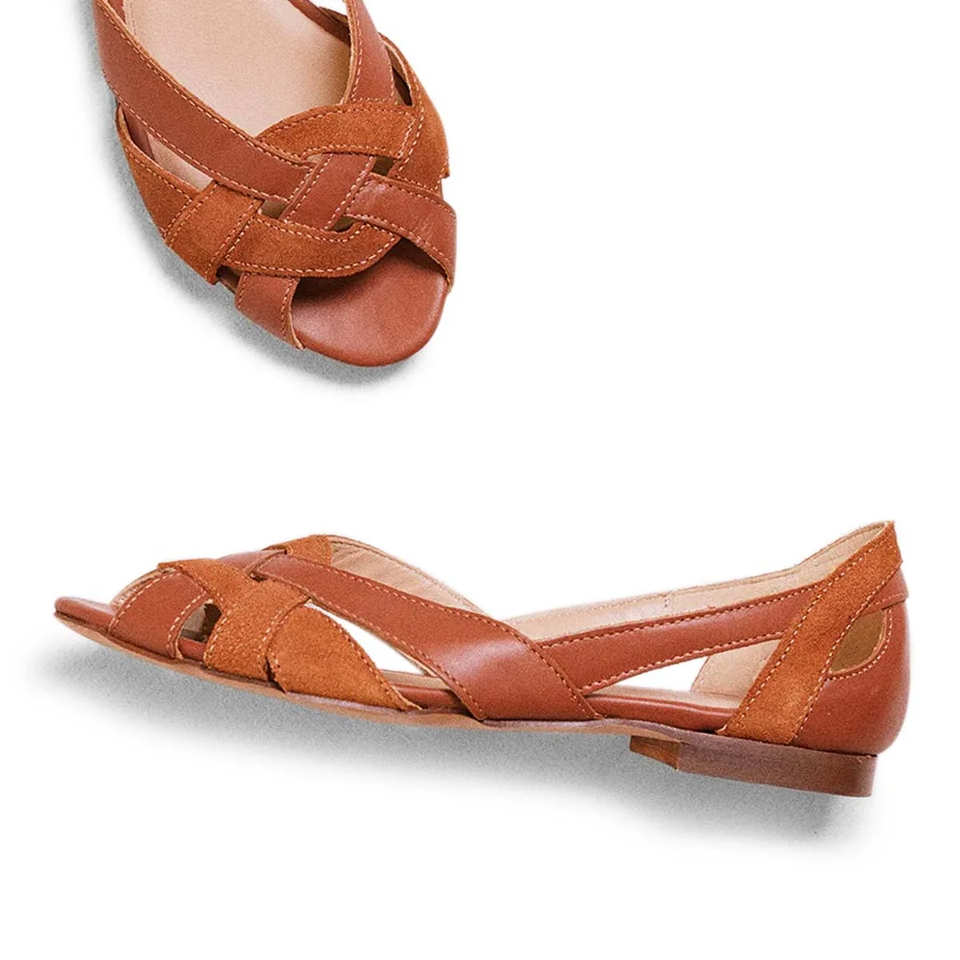 Brown Patchwork Peep Toe Woven Cut-Out Flat Sandals for Women