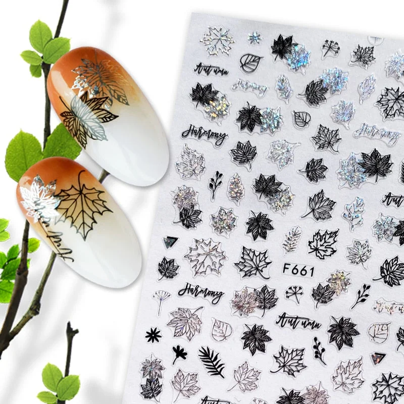 Summer Design 3D Stickers For Nails iridescent Black Gold Flower Leaf Series Decorations Sliders Nail Art Sticker Decals