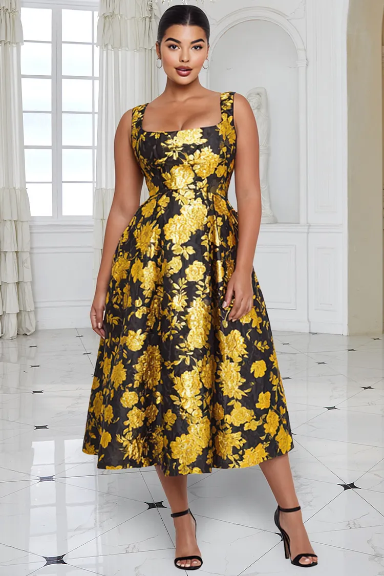 Xpluswear Design Plus Size Cocktail Party Gold Floral Square Neck Pocket Satin Midi Dresses [Pre-Order] 2024 - Xpluswear