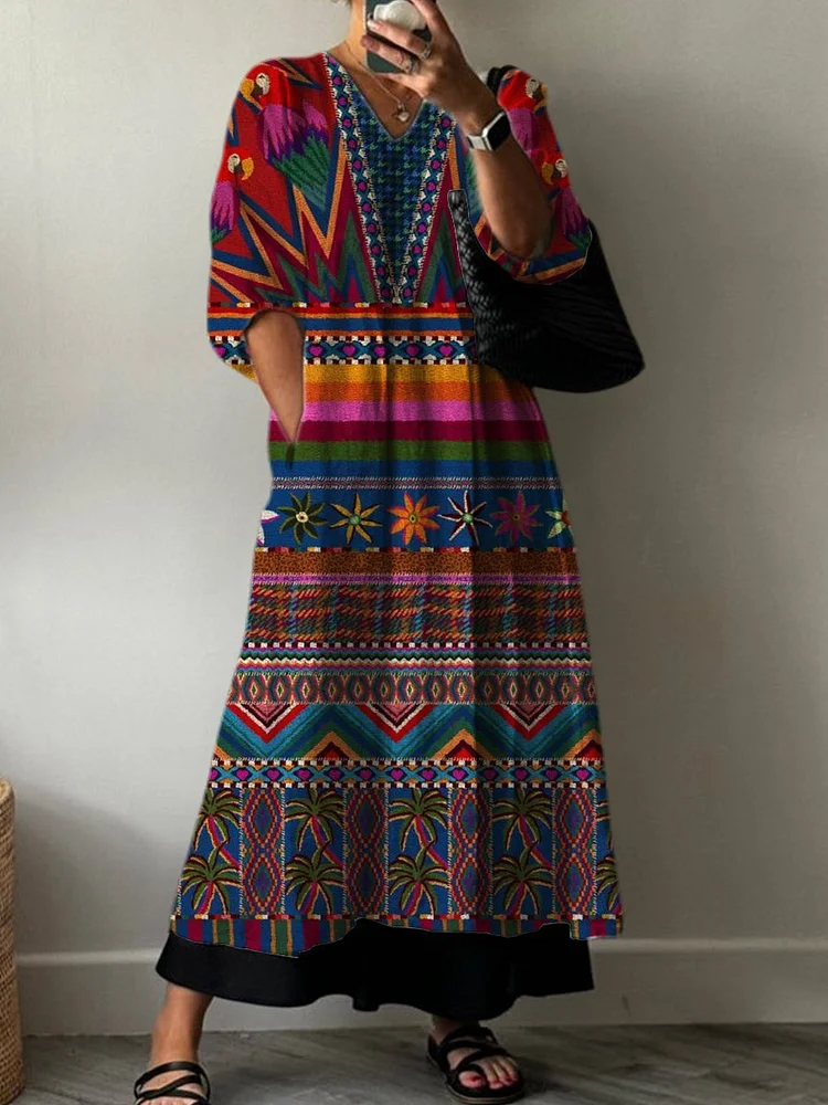 Women's Ethnic Pattern Art Print Pocket V-neck Cotton Dress