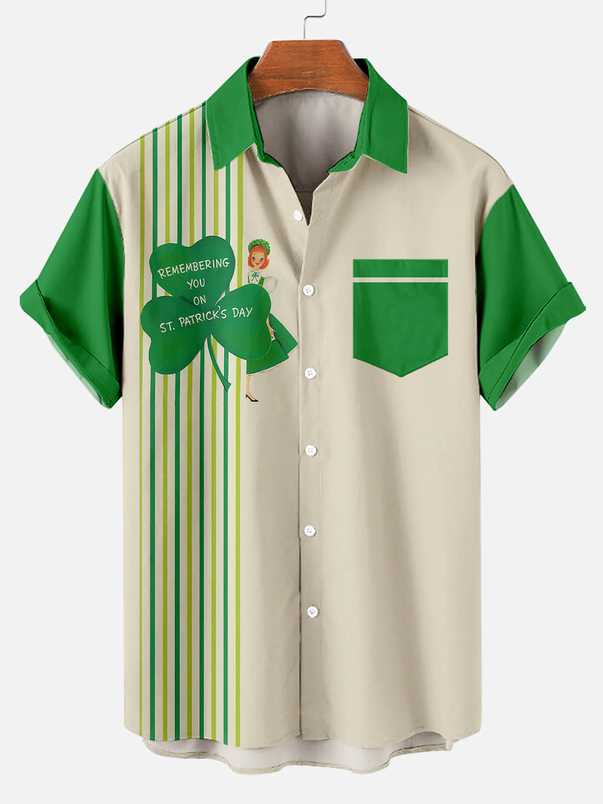 St. Patrick's Day Striped Contrast Print Casual Short Sleeve Shirt PLUSCLOTHESMAN