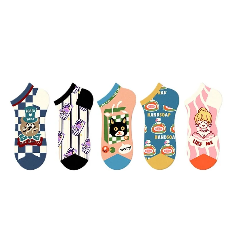 Japanese Summer Cartoon Shallow Mouthed Breathable Anti Slip Low Tube Socks-5 Pairs Set