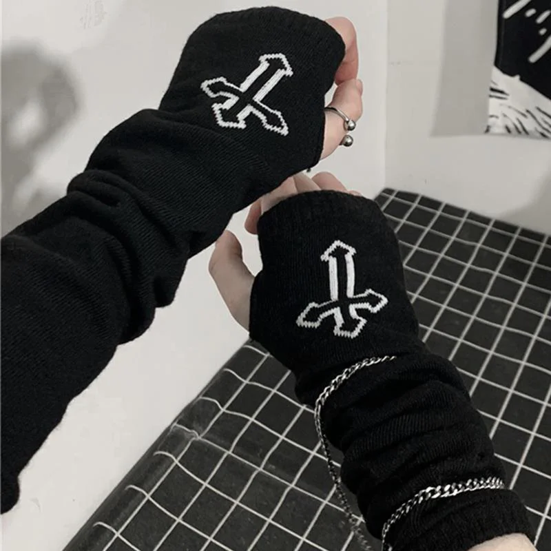 Gothic Harajuku Punk Style Black Cross Half Finger Long Glove Techwear Shop