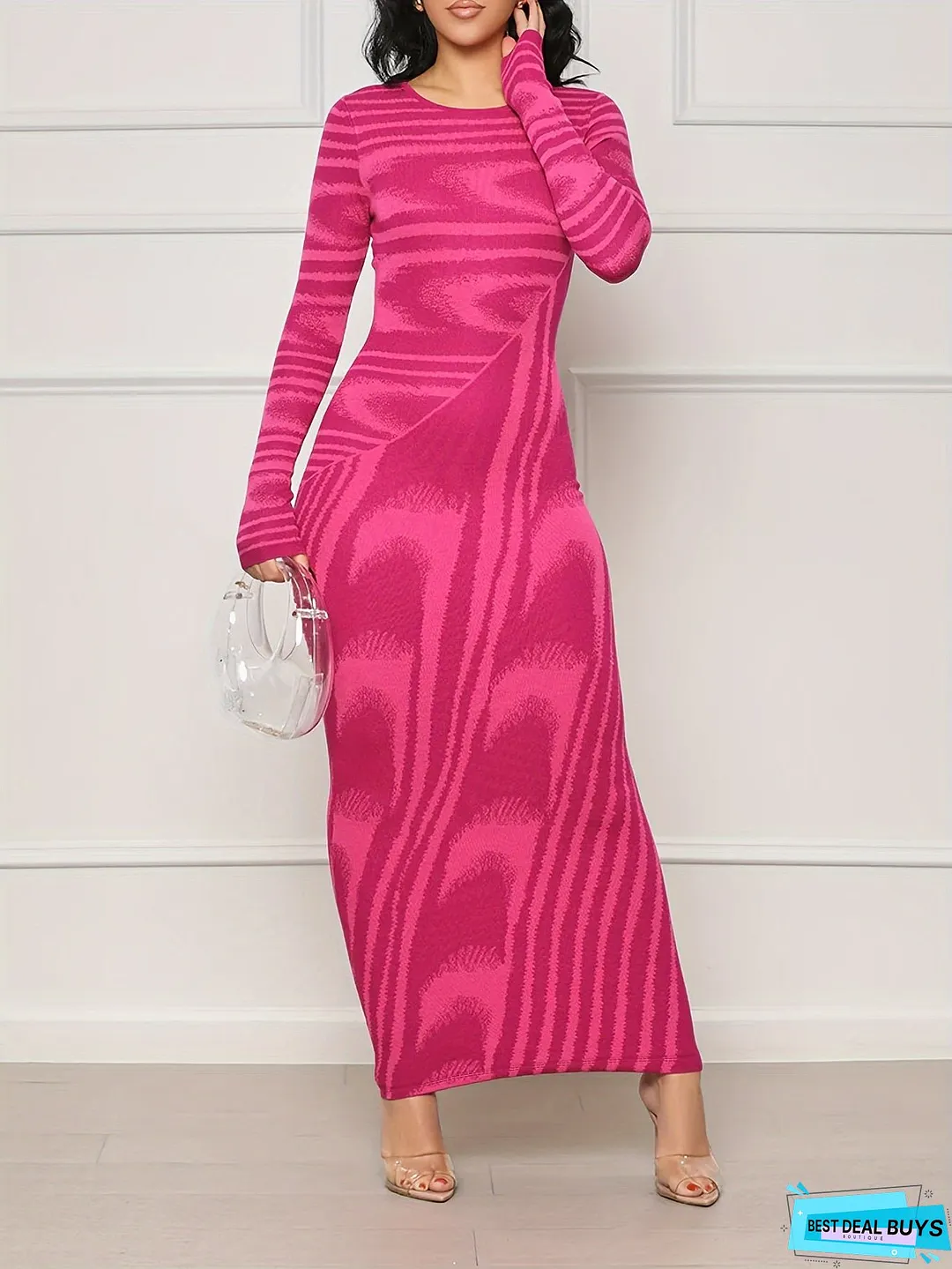 Abstract Print Long Sleeve Dress, Stylish Crew Neck Maxi Length Slim Dress, Women's Clothing