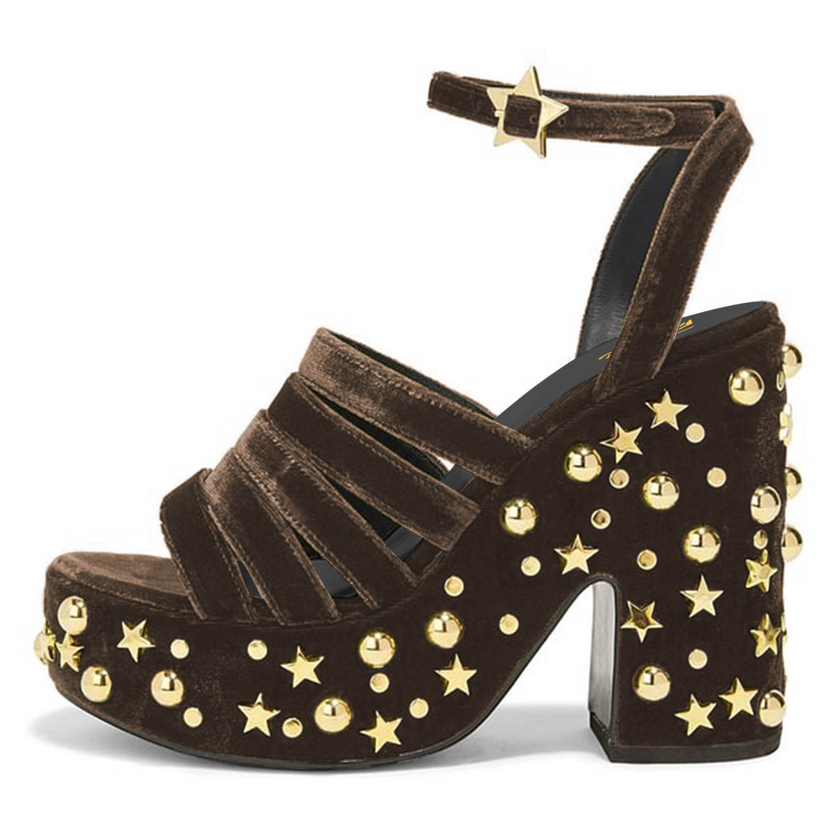 Chocolate Brown Strappy Platform Heel Studded Dress Sandals for Women Nicepairs