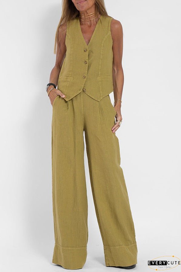 Eddie Linen Blend Button Vest and Elastic Waist Pocketed Wide Leg Pants Set