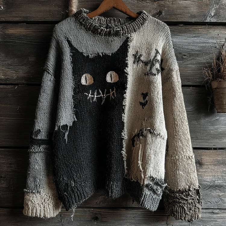 Halloween Black Cat Spooky Face Contrast Stitched Cozy Knit Sweater