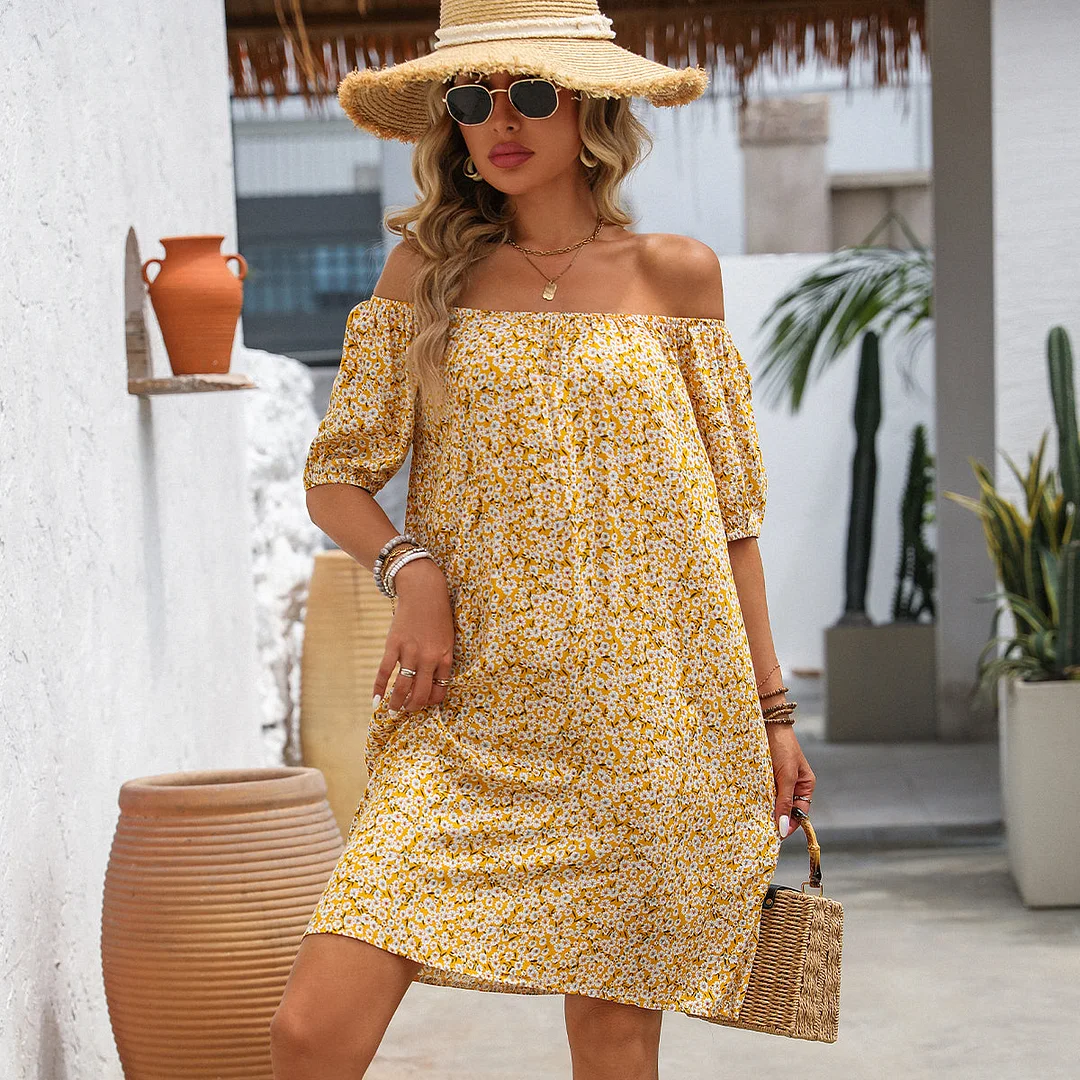 Floral Print Off The Shoulder Loose Style Dress