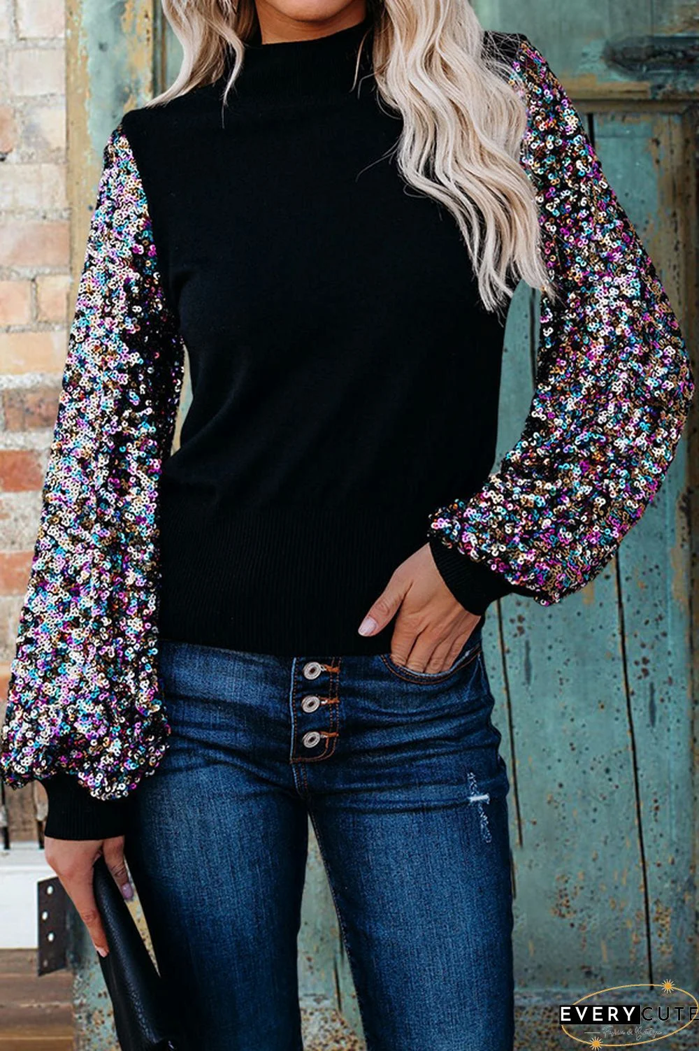 Stylish Sequin Balloon Long Sleeve Mock Neck Pullover Sweatshirt