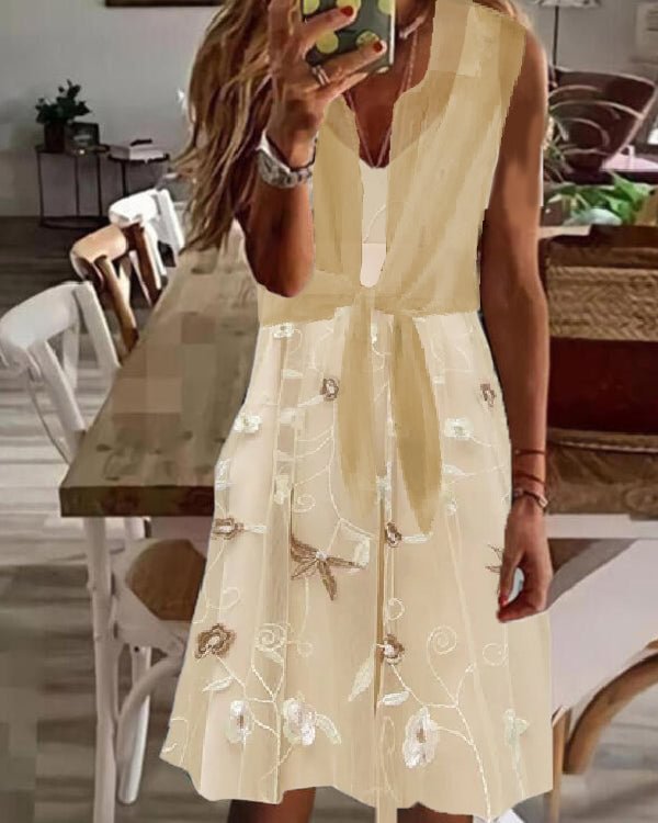 Fake Two Piece Waist V Neck Chiffon Coat Dress