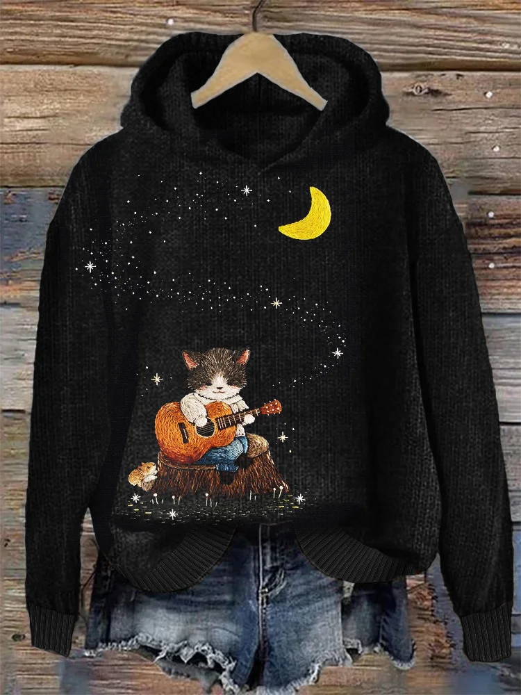 Comstylish Cat Musician Playing Guitar Embroidery Art Knit Hoodie
